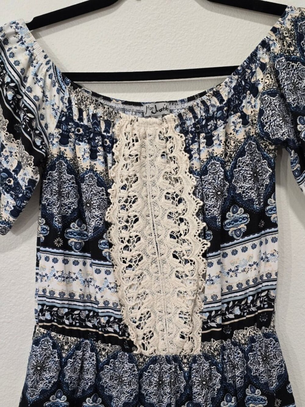 J For Justify ✦ Blue White Off‑Shoulder Boho Romper ✦ Crochet Lace Detail M - Picture 9 of 10